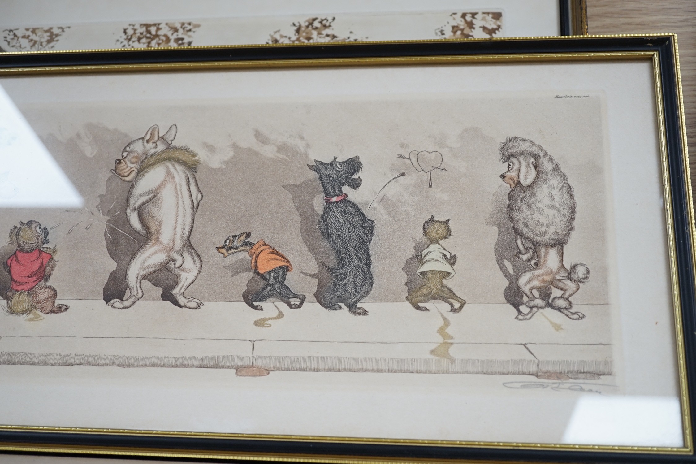Boris O'Klein, two coloured etchings from the Dirty Dogs of Paris series, 20 x 49cm and 28 x 40cm
